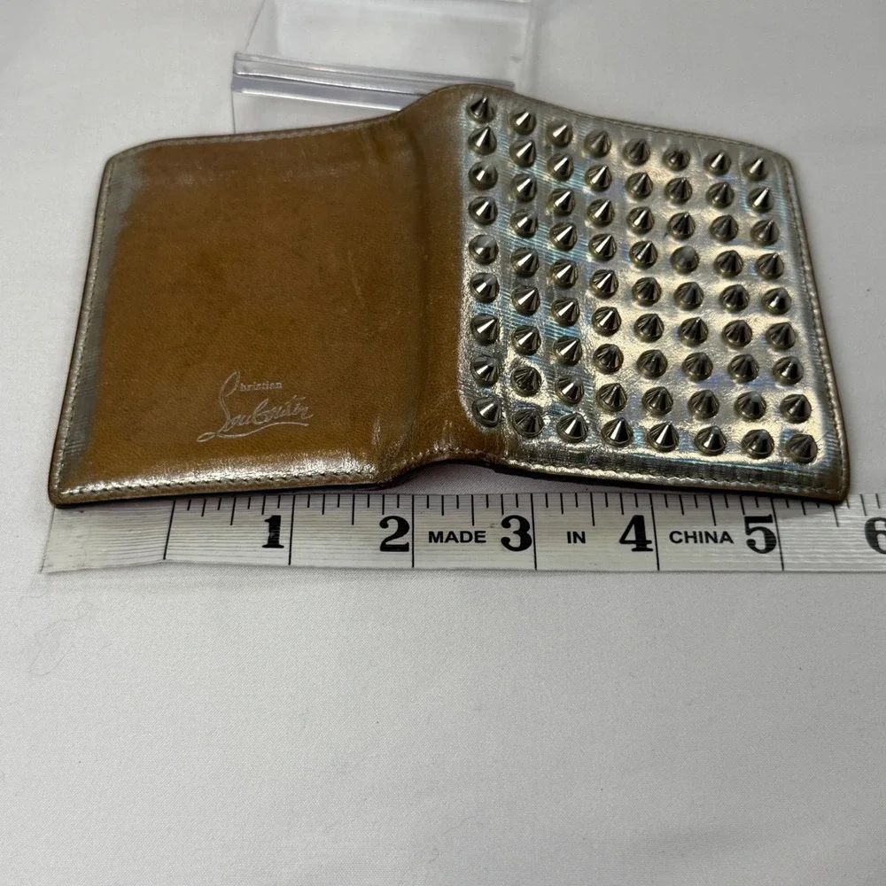 Christian Louboutin Paros Spiked Bifold Wallet Silver Metallic Red Leather